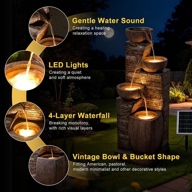 38.2-Inch high solar outdoor fountain, four-story modern waterfall bowl and stacked stone view, equipped with LED lights and IP68 waterproofing pump, suitable for garden, yard, patio, backyard and home art decor