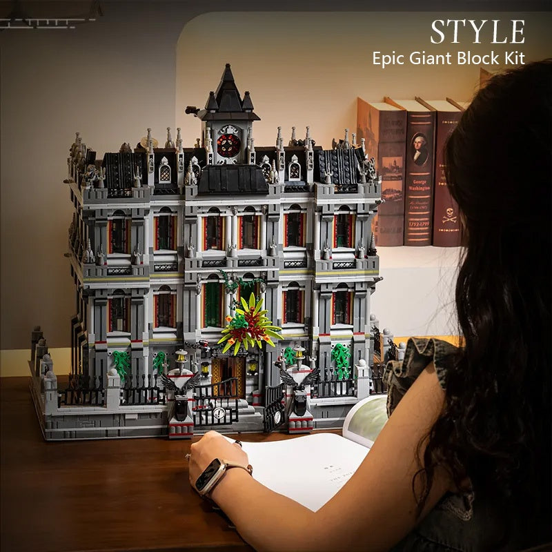 7499-piece giant bat movie hospital building block set (includes bottle opener), with lights, classic movie architecture blocks, perfect for fans, modular street view building block model, home decoration, christmas/new year gift