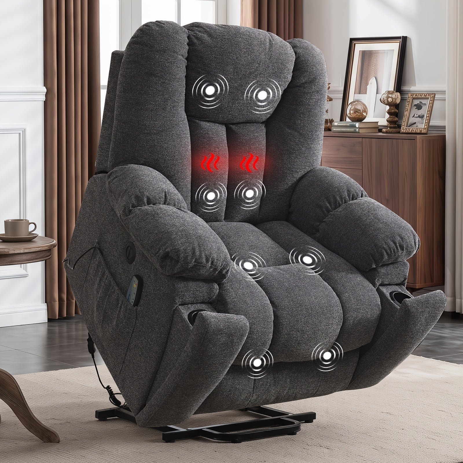 Electric lift massage heats the elderly reclining chair, thickened and wide reclining chair, heavy duty safety electric reclining mechanism, equipped with USB port and 2 hidden cup holders