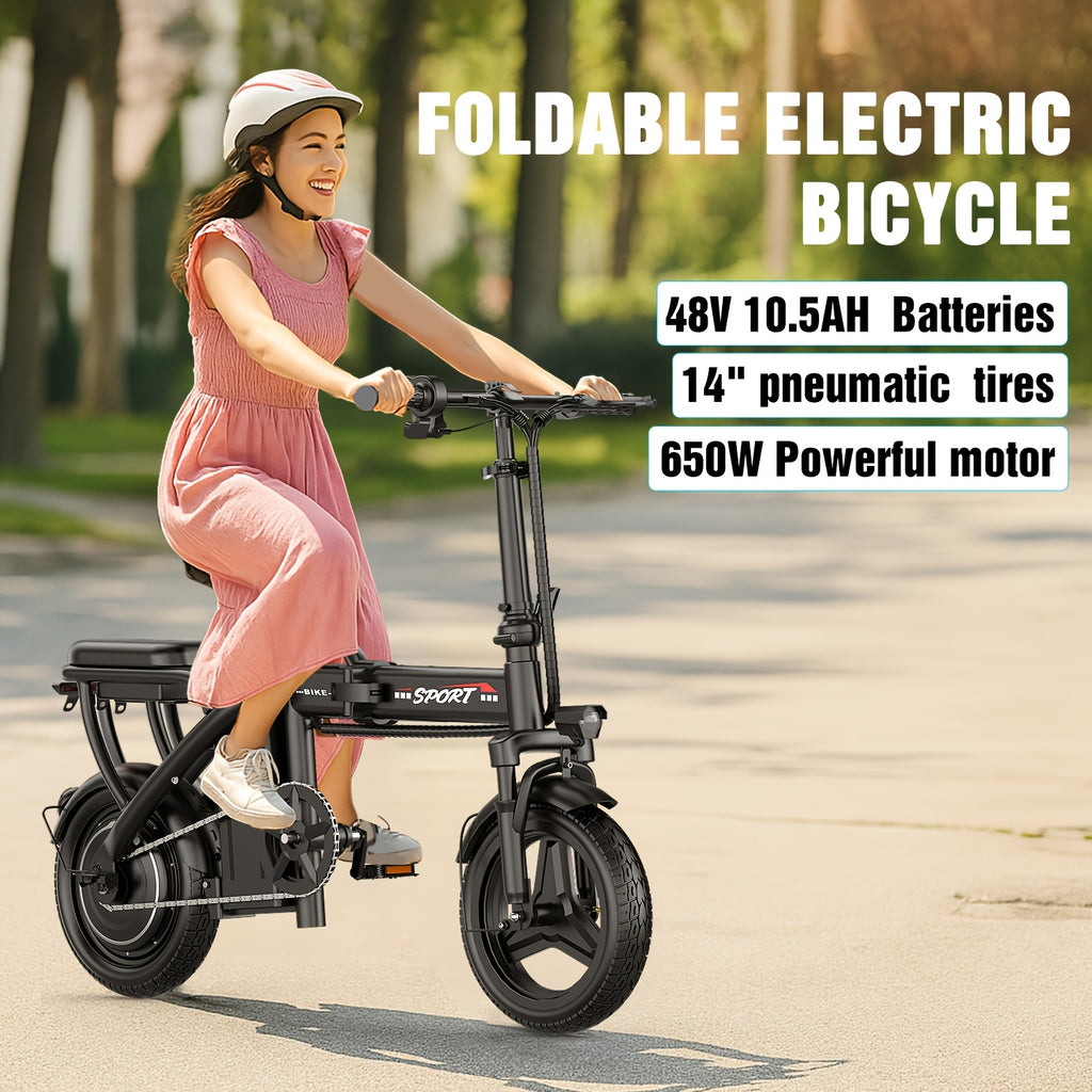 650W folding electric bicycle, 48V 10.5Ah removable lithium battery, fashionable 14-inch foldable commuter electric bicycle, unisex