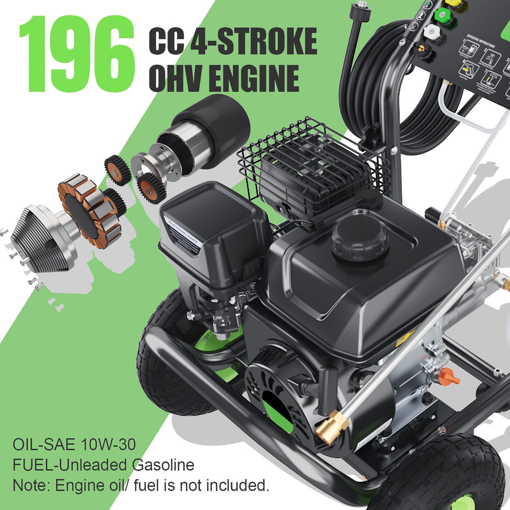 Maximum pressure 4200PSI, flow rate 4 gallons/minute, 196 ml displacement Commercial gas pressure washer, 6.5 horsepower professional gas cleaning equipment, equipped with 5 nozzles, 25 feet of hose and foam bottle, suitable for automobiles, fences