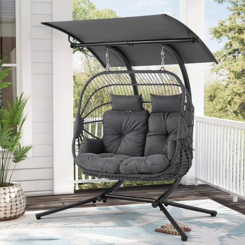 Double with canopy egg chair, outdoor rattan hanging chair with bracket and cushion, suitable for double hanging chair on backyard porch