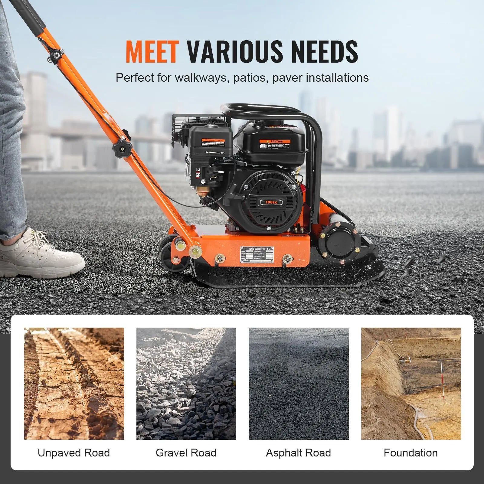 【DealsForYouDays】VEVOR Plate Compactor, 6.5HP 196CC Gas Engine, 4200 lbs Vibratory Compaction Tamper, 22.1x15.9 in Plate Power Jumping Jack Tamper, 5600 VPM Pavement Compactor for Walkways, Asphalts, Paver Landscaping