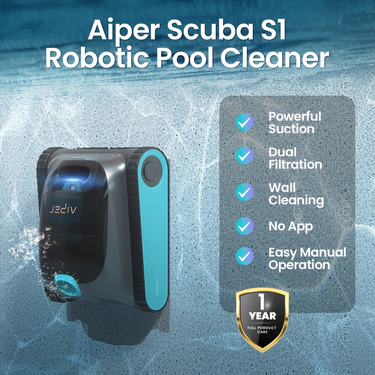 Aiper Scuba S1 2025 swimming pool automatic cleaning robot, with wall climbing and waterline cleaning functions, suitable for underground swimming pools, equipped with intelligent navigation system, can be remotely controlled through APP, and the maximum