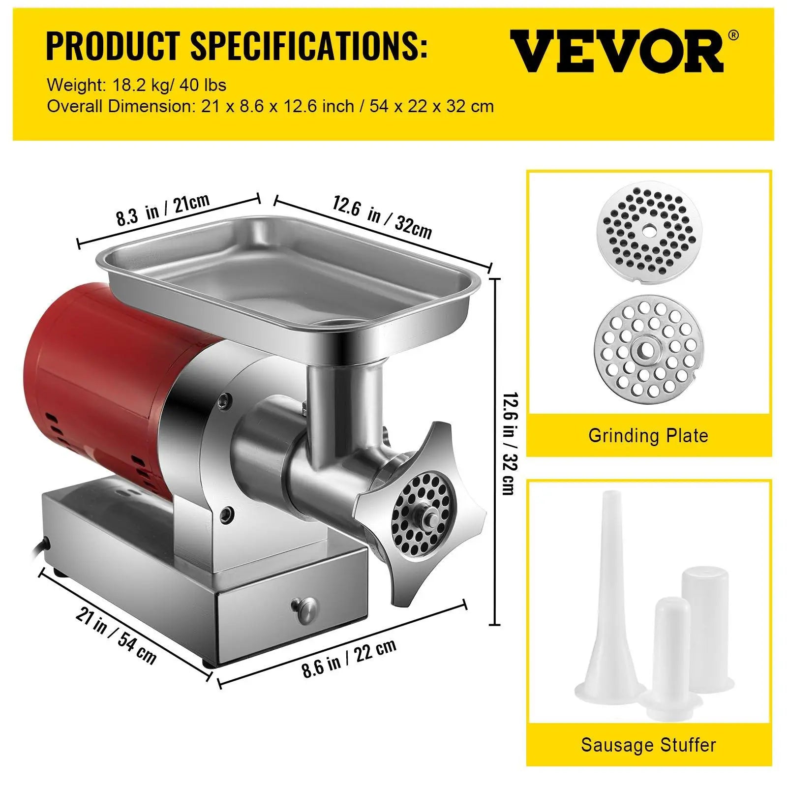 【DealsForYouDays】VEVOR Electric Meat Grinder, 661 Lbs/Hour1100 W Meat Grinder Machine, 1.5 HP Electric Meat Mincer with 2 Grinding Plates, Sausage Kit Set Meat Grinder Heavy Duty, Home Kitchen & Commercial Use Red