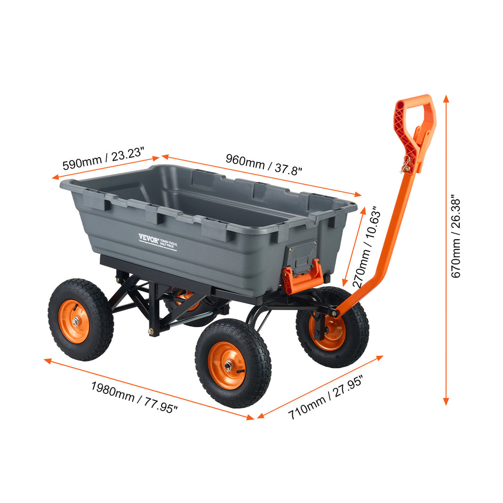 VEVOR dump truck, polyethylene garden dump truck with easy-to-assemble steel frame, dump truck with 2-in-1 convertible handle, utility trolley 1500 lbs weight, 13-inch tires