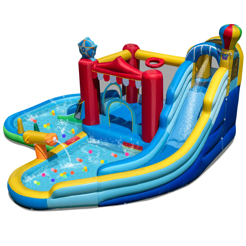 Inflatable water park with water slide, water wave pool, water cannon, ring toss game, ball pit, climbing wall, basketball hoop and storage basket, wet & dry bounce house, perfect for birthday parties (blower not included)