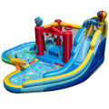 Inflatable water park with water slide, water wave pool, water cannon, ring toss game, ball pit, climbing wall, basketball hoop and storage basket, wet & dry bounce house, perfect for birthday parties (blower not included)