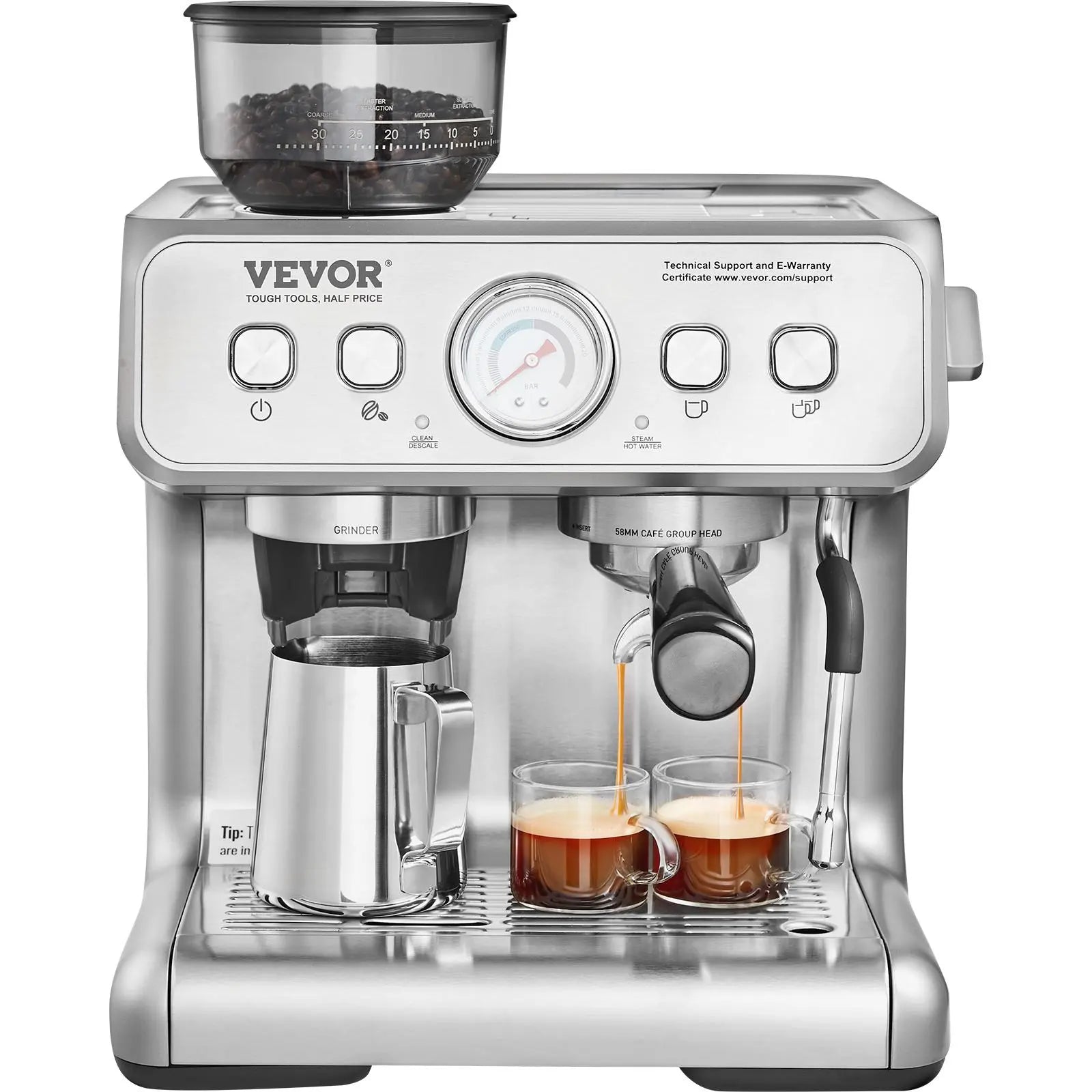 【DealsForYouDays】VEVOR Espresso Machine with Grinder, 15 Bar Semi-Automatic Espresso Coffee Maker with Milk Frother Steam Wand, Removable Water Tank & Pressure Gauge for Cappuccino, Latte, Machiato, PID Control System