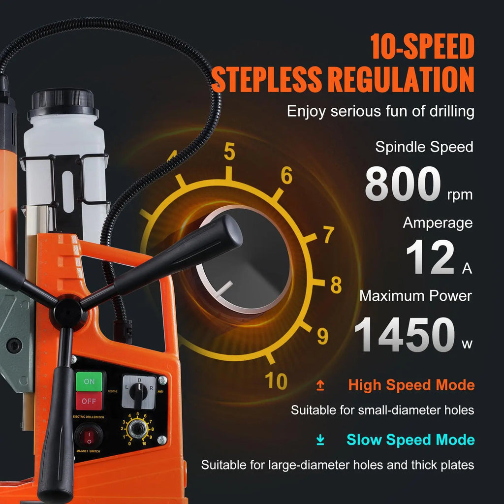 【DealsForYouDays】VEVOR Magnetic Drill, 1450W 2" Boring Diameter, 12800N Portable Electric Mag Drill Press, with Variable Speed, 800 RPM Drilling Machine for any Surface Home Improvement Industry Railway