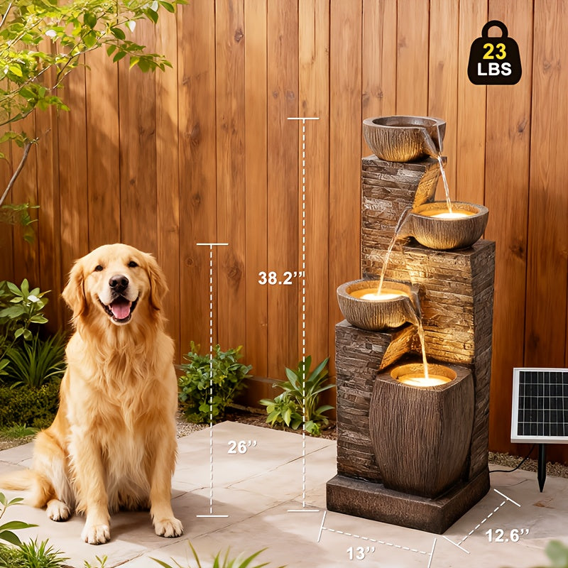 38.2-Inch high solar outdoor fountain, four-story modern waterfall bowl and stacked stone view, equipped with LED lights and IP68 waterproofing pump, suitable for garden, yard, patio, backyard and home art decor