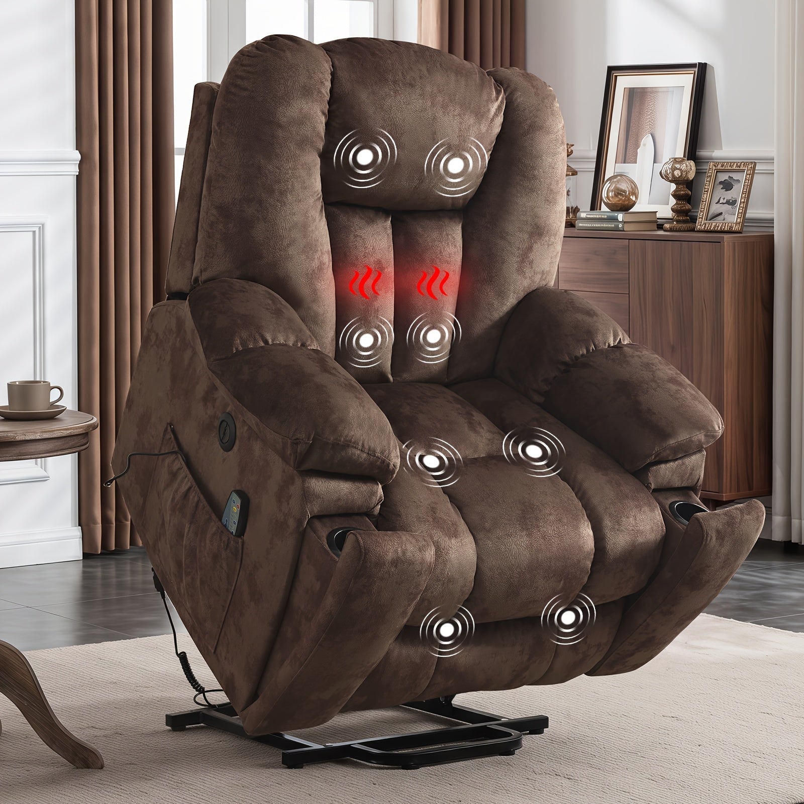 Electric lift massage heats the elderly reclining chair, thickened and wide reclining chair, heavy duty safety electric reclining mechanism, equipped with USB port and 2 hidden cup holders