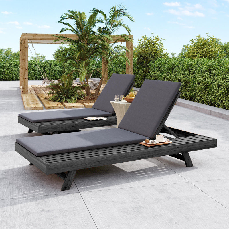 Lounge Chaise Set, Space Available On One Side, Acacia Wood In Black with Water-Resistant Lounge Cushions Dark Grey and 2 Inch Thick Matching Cream/Leaf Coconut Version Available