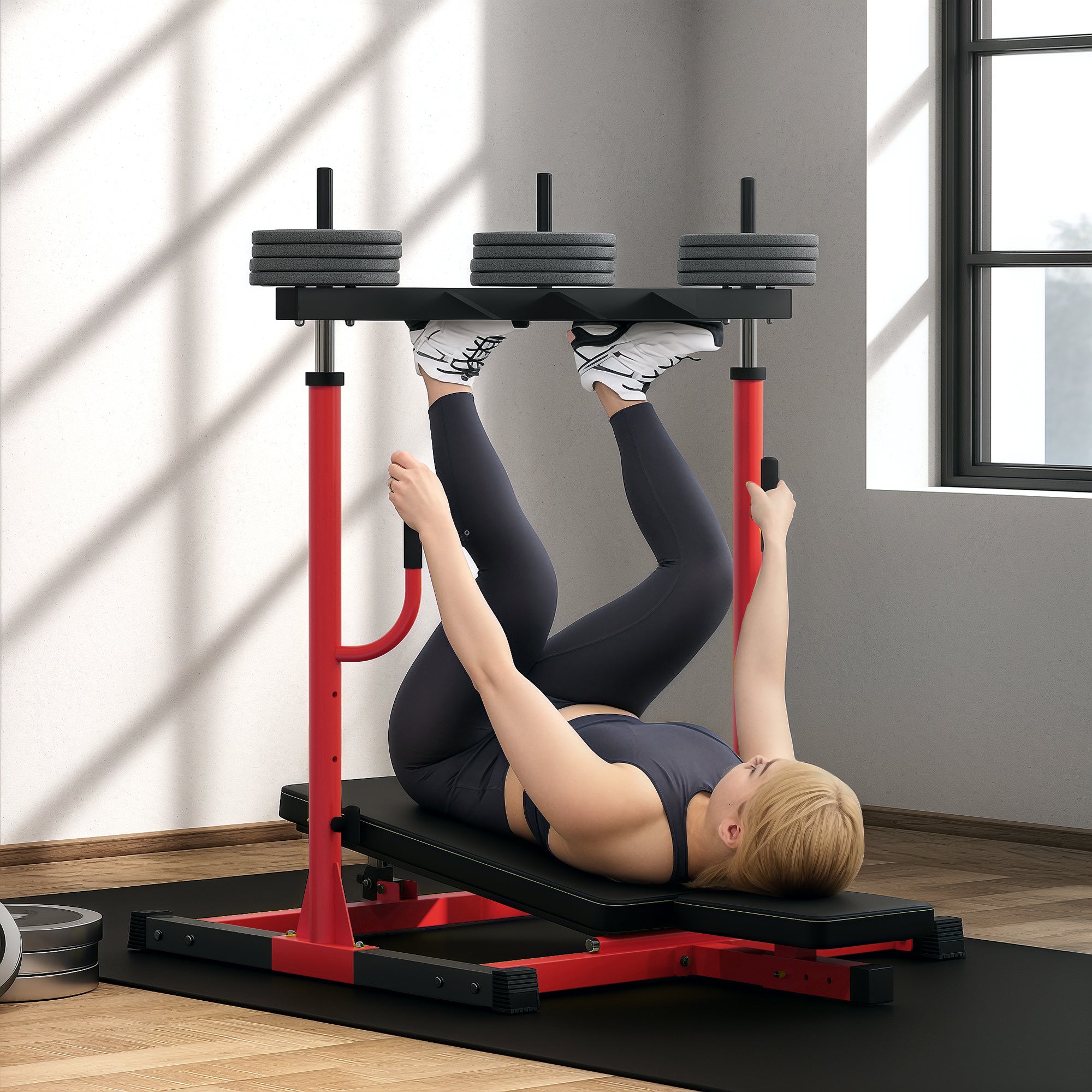 Vertical Leg Press, 660 lb capacity, leg strength machine with adjustable leg, back and head position, suitable for home gym, 2 "Olympic disc compatible, red