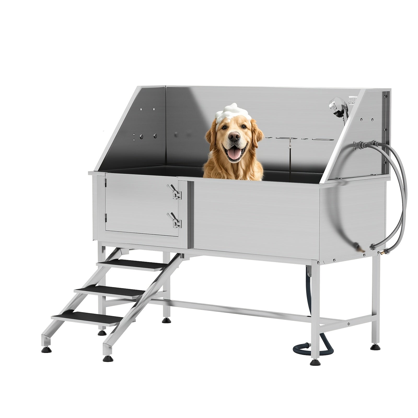 Household pet bath, XL 304 stainless steel professional pet bath with stairs, pet bath tub includes 3-speed adjustable shower head, removable mesh, easy to clean