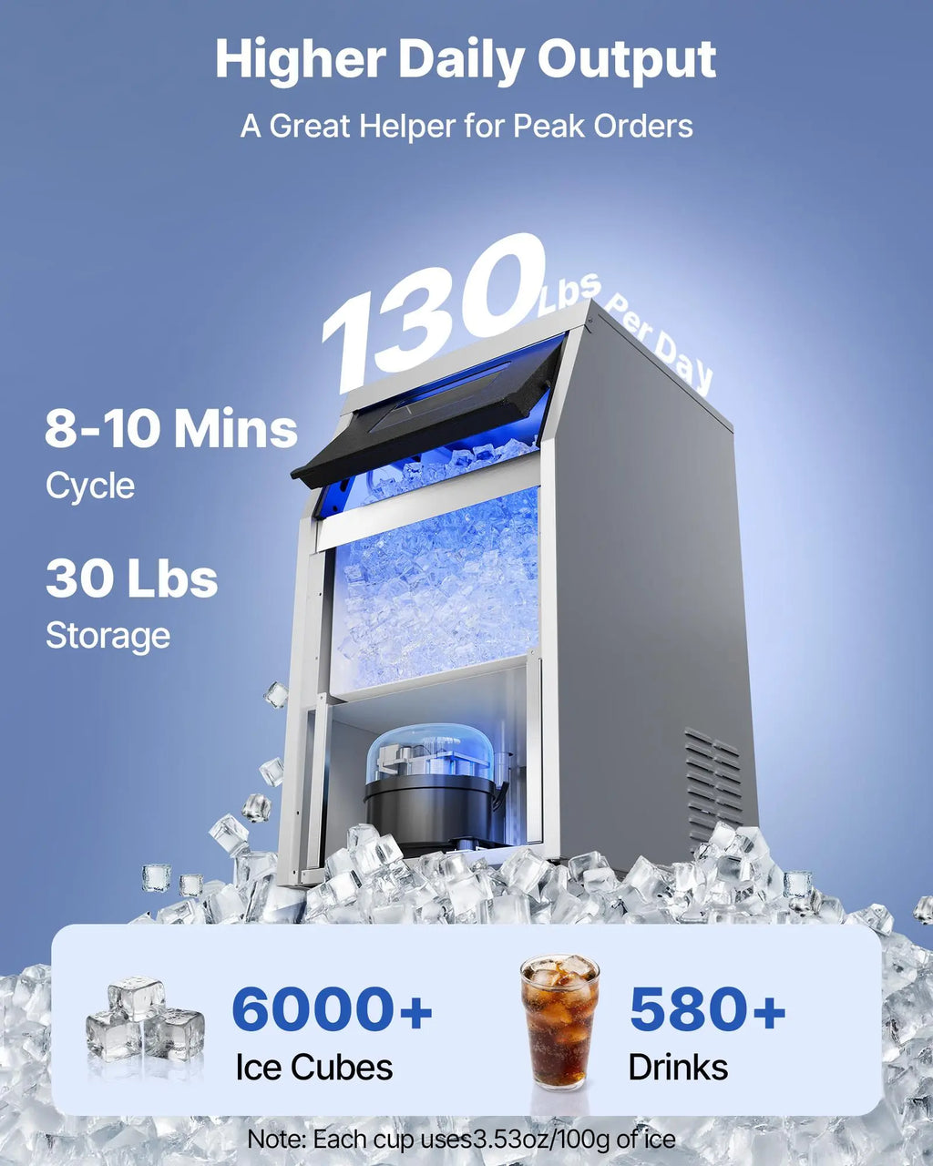 【DealsForYouDays】VEVOR Commercial Ice Maker Machine, 130 lbs/24h with 30 lbs Storage Capacity, Built-in/Freestanding/Under Counter, Stainless Steel Ice Maker with LED Display & Self-Cleaning, for Home Bar Restaurant