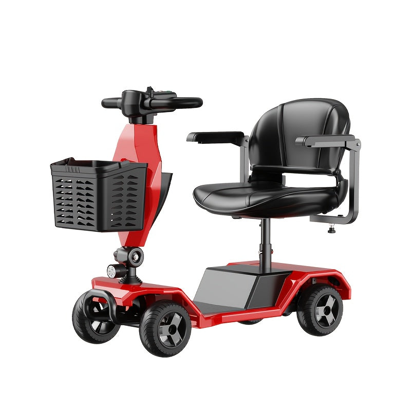 Four-wheel electric scooter, foldable, with 250W motor, 24V 12Ah battery, 15.5 miles, 8-inch solid tires, 300 lb load, with removable basket, front headlights, rear anti-dump wheels, easy to drive uphill