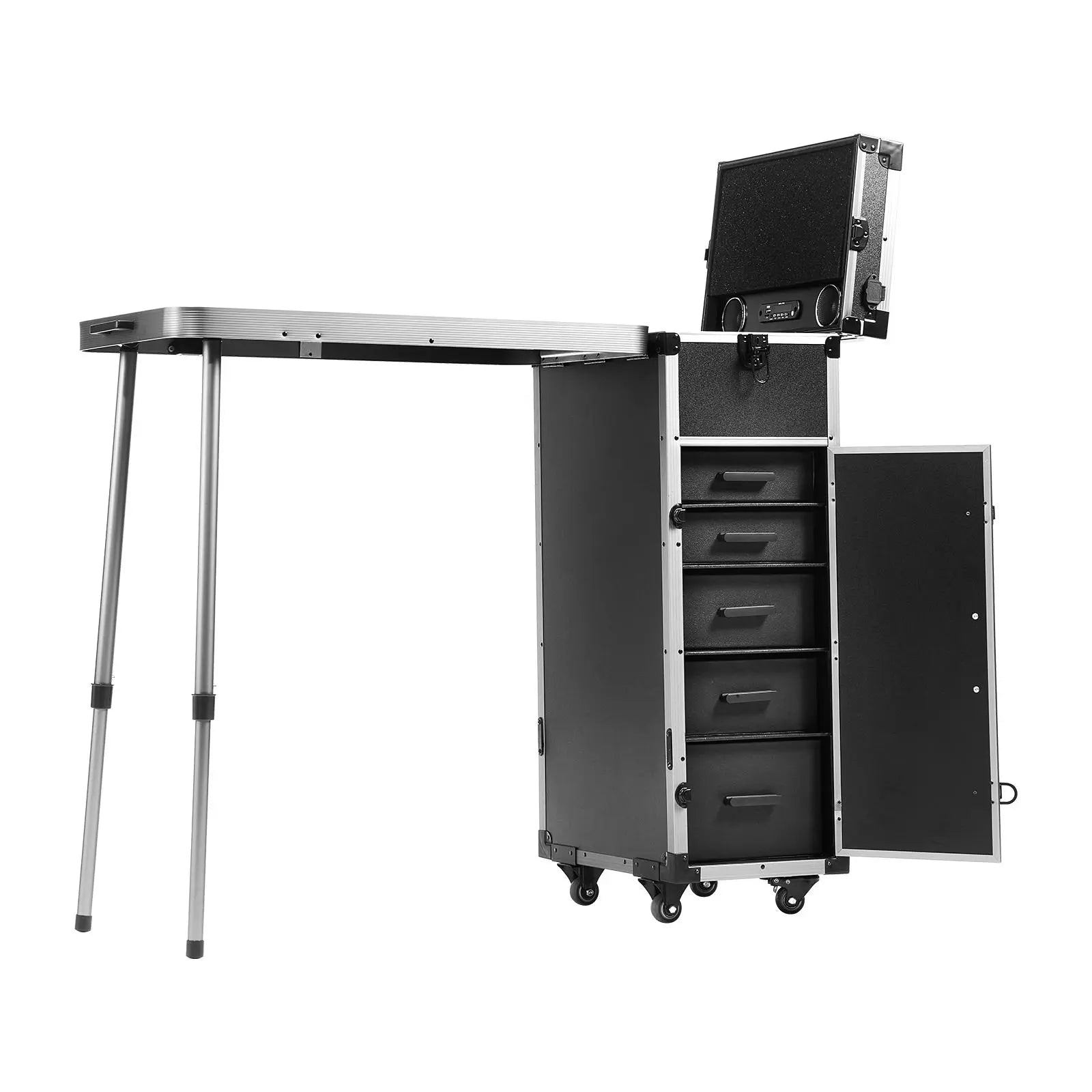 【DealsForYouDays】VEVOR Professional Makeup Train Case Aluminum Cosmetic Case, Workbench With Supporting Legs, Rolling Makeup Case Extra Large Trolley Makeup Travel Organizer, with 360° Swivel Wheels, Black