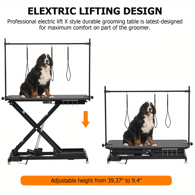 Professional Electric Large Dog Grooming Table - Height Adjustable From 39.37 Inches to 9 Inches, Durable Plastic, Comfortable Grip Design, with X-Base and Beauty Container, Pet Grooming Station | Stylish Electric Table | Rugged Metal Frame, Dog Grooming
