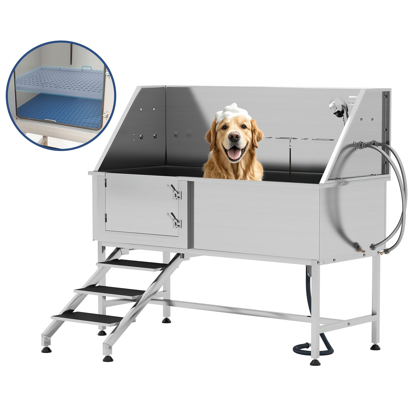 Household pet bath, XL 304 stainless steel professional pet bath with stairs, pet bath tub includes 3-speed adjustable shower head, removable mesh, easy to clean