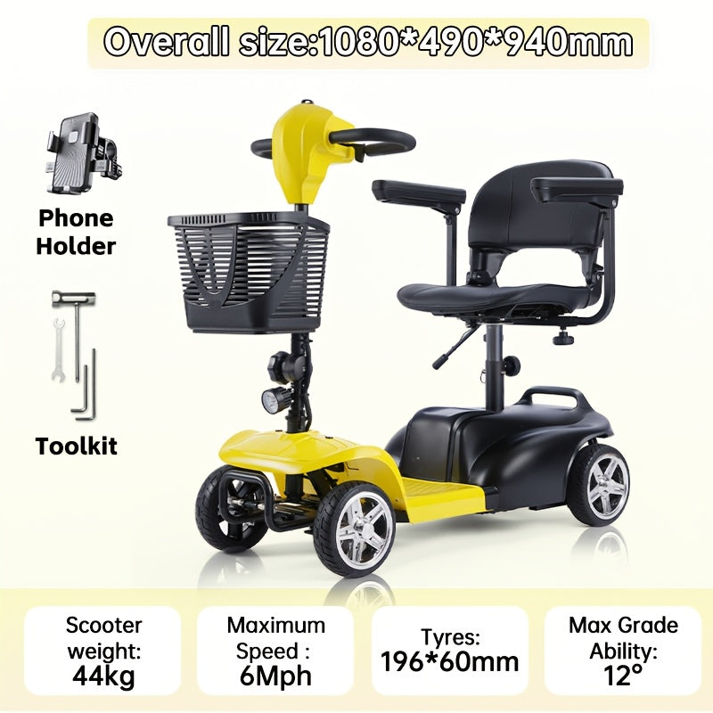 Adult four-wheel folding scooter with 250-watt 12-volt motor, 15-mile 12-amp-hour battery, LED headlights and removable storage basket. Comes with tool set, charger and instructions. Holiday surprise gift