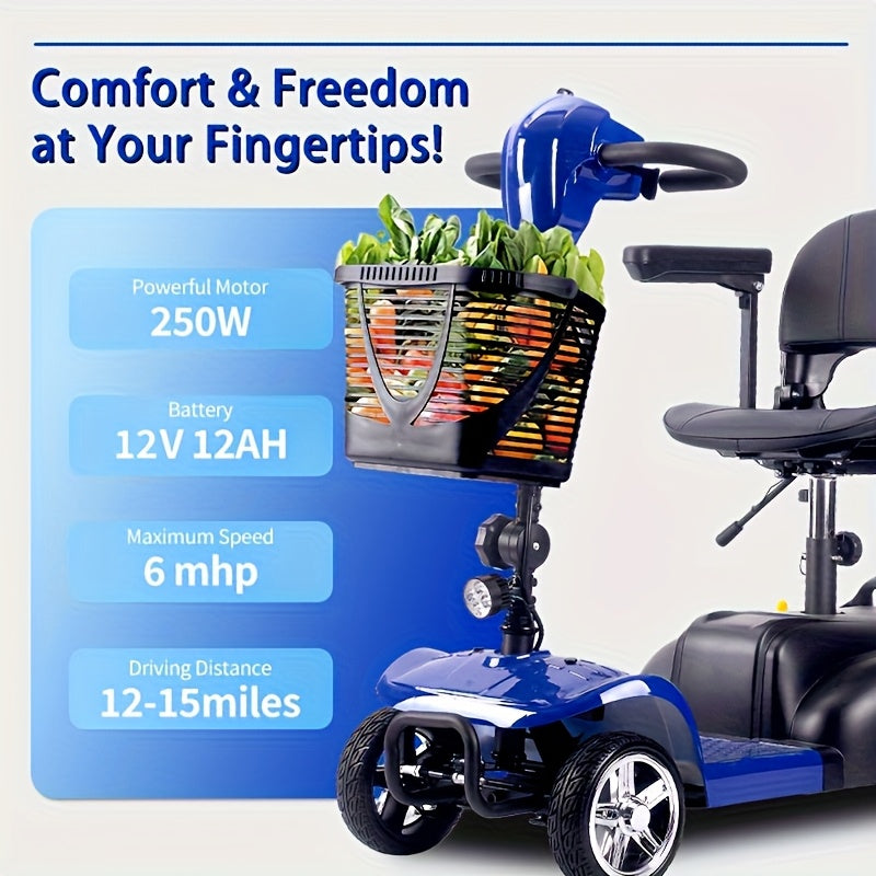 Adult four-wheel folding scooter with 250-watt 12-volt motor, 15-mile 12-amp-hour battery, LED headlights and removable storage basket. Comes with tool set, charger and instructions. Holiday surprise gift