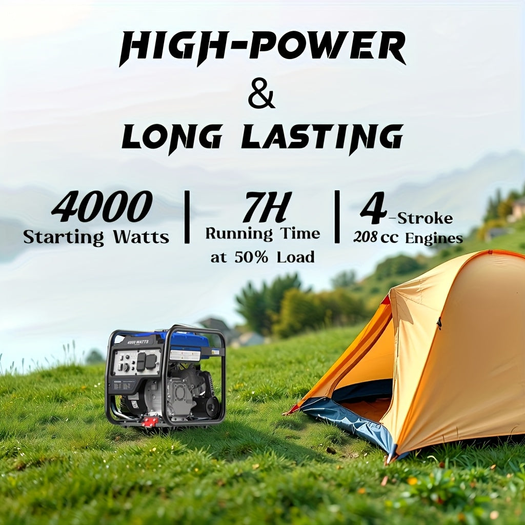 Portable generator, 4000W high power, four-stroke, high power, suitable for blizzard hurricane weather, camping, home RV backup power, dual 120V AC sockets, USB and C ports, reliable power support