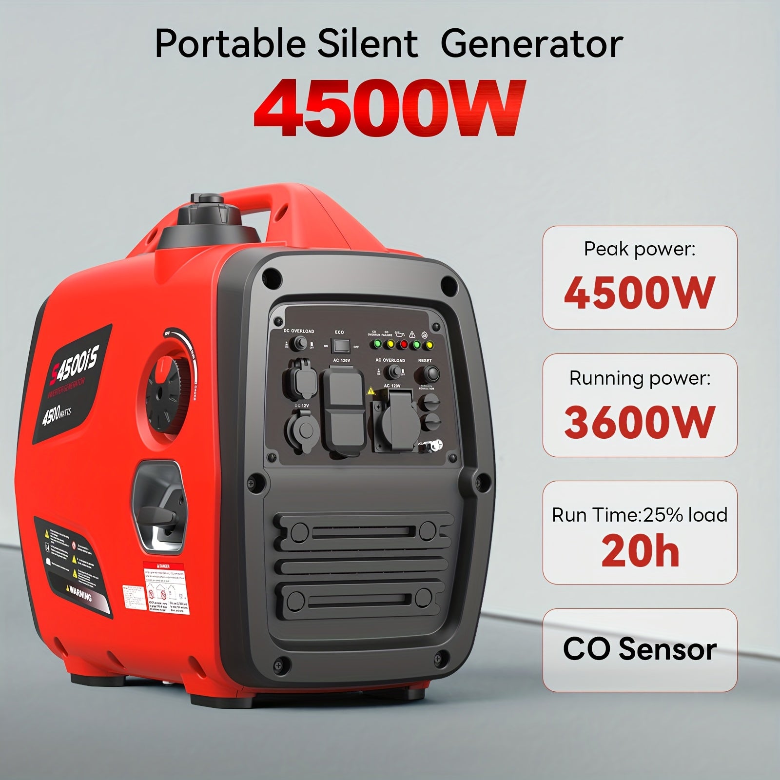 Portable inverter generator, ultra-quiet, CO alarm, rated power 2500W, rated power 1900W, rated power 3200W, rated power 2600W, rated power 3600W, rated power 3000W, rated power 4000W, rated power 3200W, rated power 4500W, rated power 3600W,