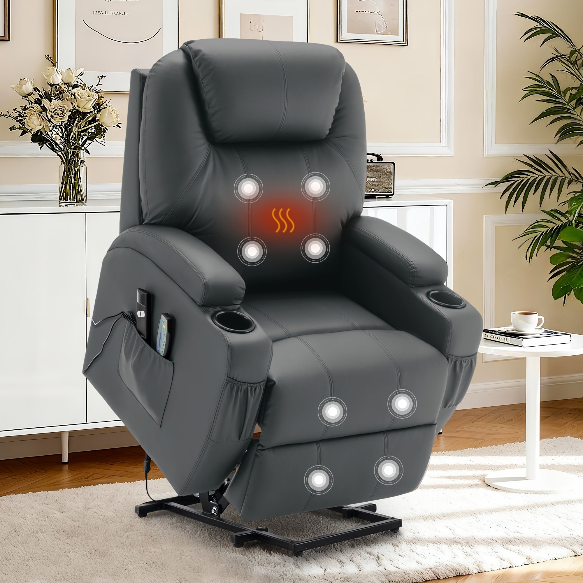 Personal care single chair, massage chair clearance sale, heated function lounge chair, ergonomics, electric lift lounge chair, with cup holder and side pocket, modern minimalist design, functional lounge chair suitable for placing in the living room