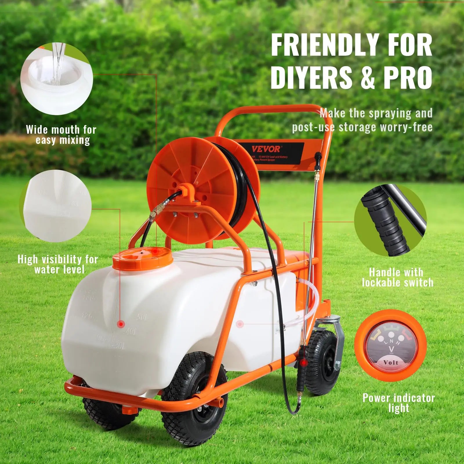 【DealsForYouDays】VEVOR Battery Powered Lawn Sprayer on Wheel, 0-90 PSI Adjustable Pressure, 15 Gallon Tank, Cart Sprayer with 8 Nozzles and 2 Wands, 12V 12Ah Battery, Wide Mouth Lid for Weeding, Spraying