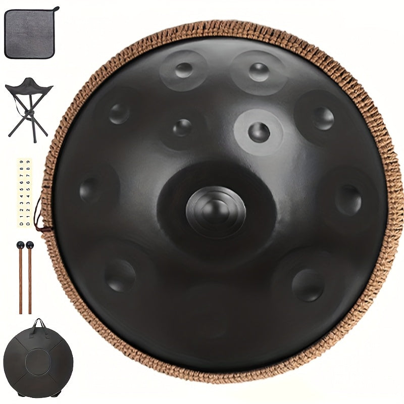 Hand Disc Three Top Drum 12 Tones, 22 Inch D Minor Kurdish Hand Disc Drum, 432Hz Premium Steel Tongue Drum, Suitable for Adult Yoga Meditation, Sound Healing Instrument, Beginner Gift, with Tote, Drum Stick, Stand, Cloth, Sticker