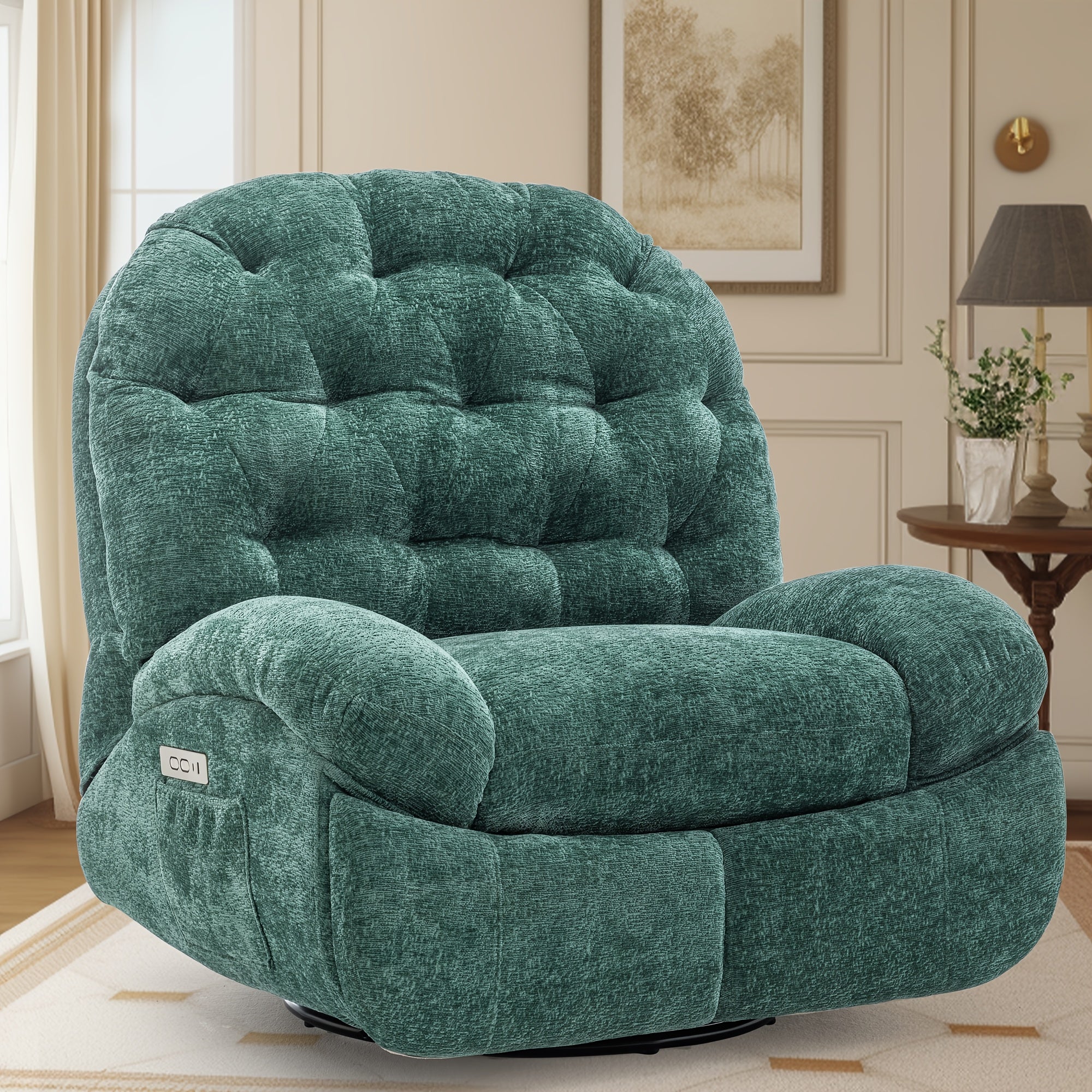 Large rotating recliner, adult rocking chair electric recliner, electric recliner, comfortable soft shell recliner, with USB port and living room storage space, chenille fabric, free shipping