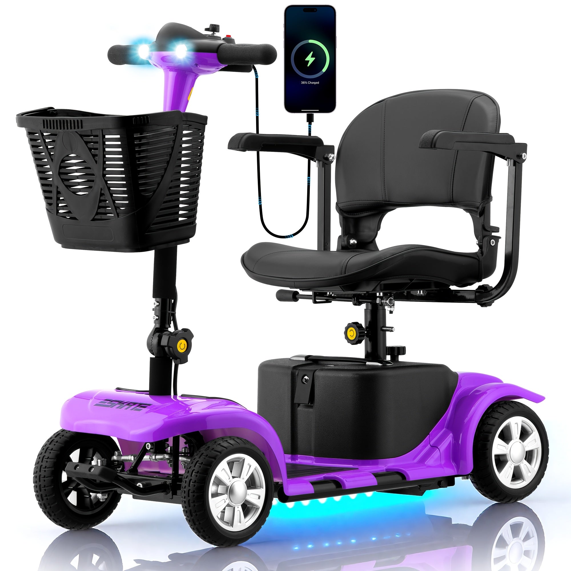 Daily travel scooter, equipped with 360-degree rotating seat, 24V 12Ah rechargeable battery, stable performance, support up to 15 miles of battery life, 4.5 miles of comfortable speed, lightweight design for indoor and outdoor activities