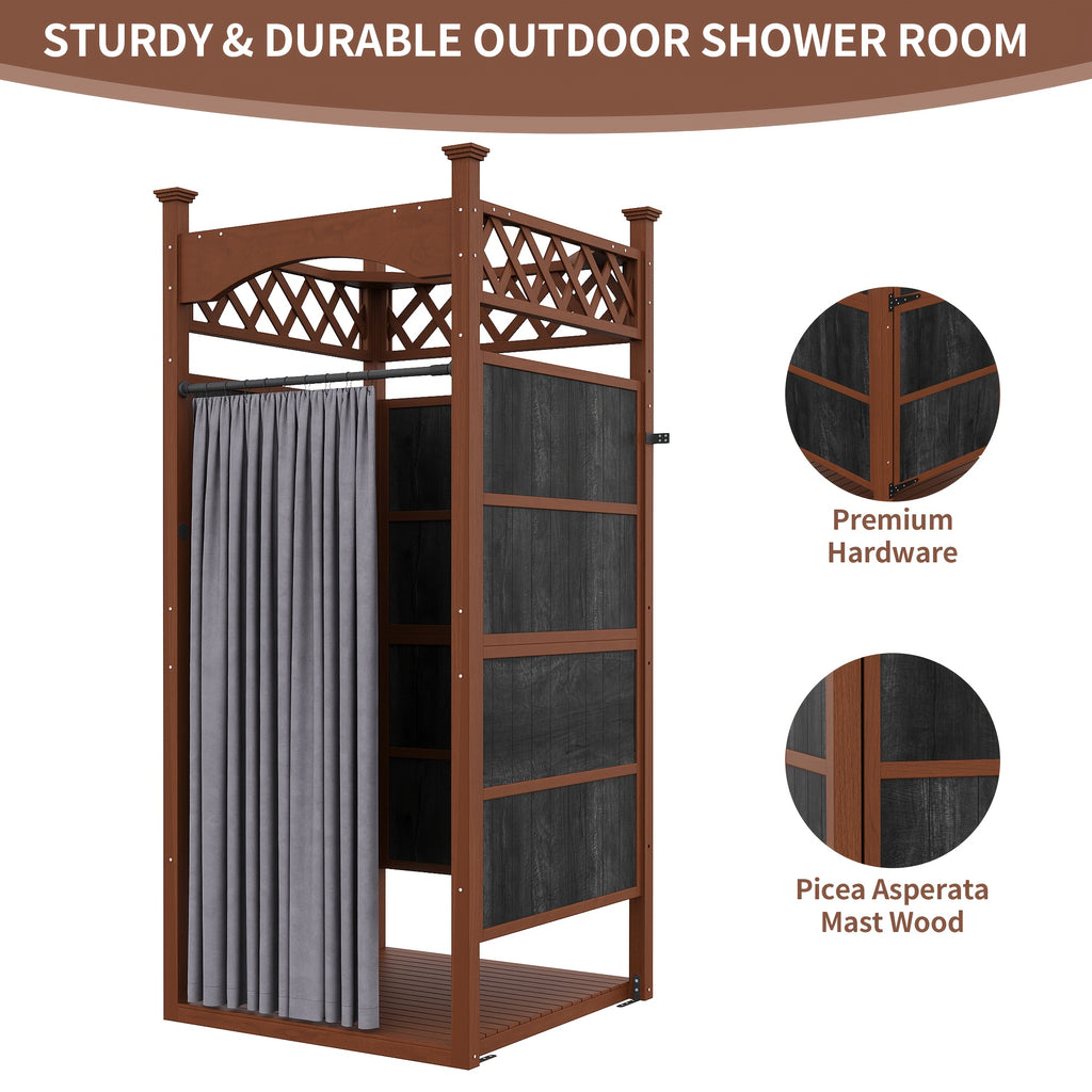 Outdoor shower with privacy curtain and privacy board - solid wood construction, suitable for poolside wash stations, changing rooms, beach showers and outdoor bathrooms - weatherproof wooden shower with privacy curtain