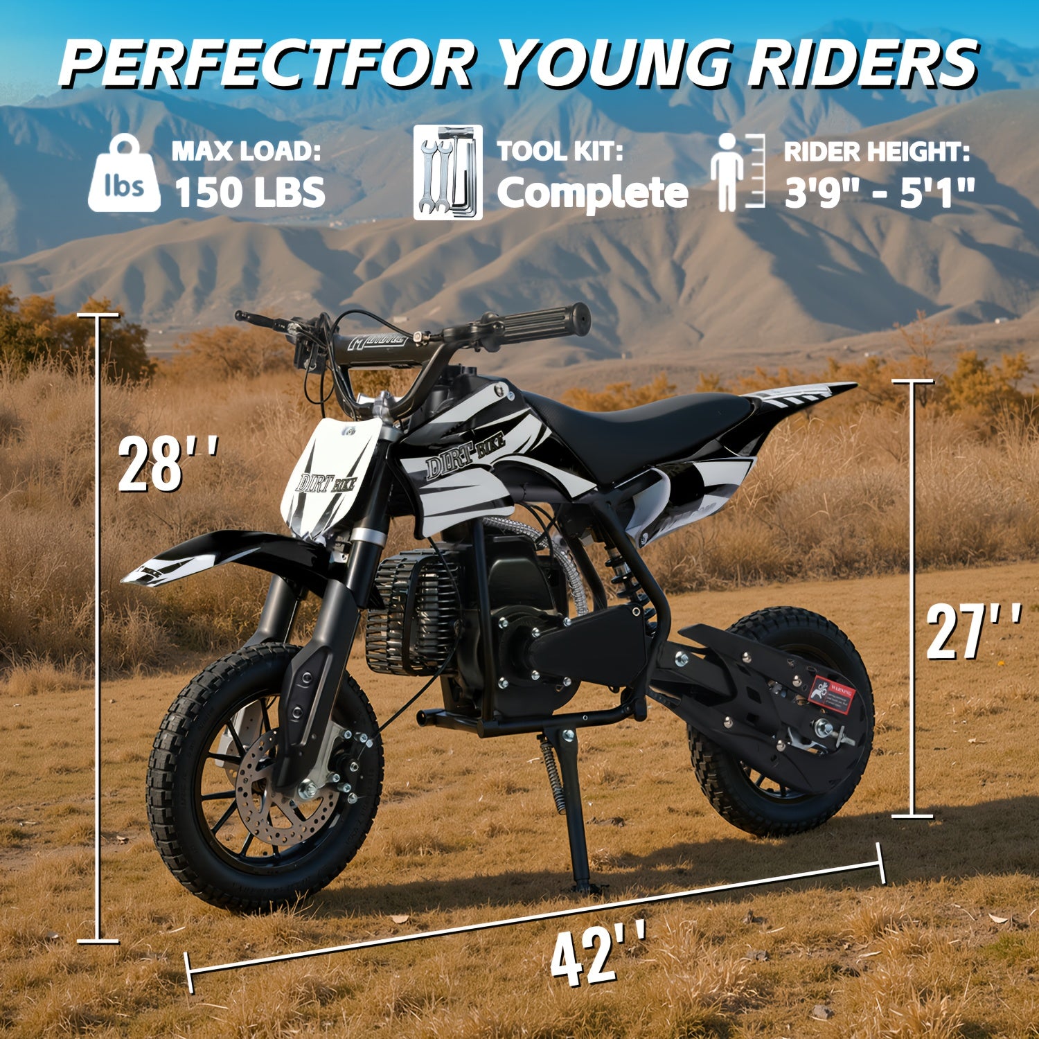 Gas oil motorcycle, off-road motorcycle, 49 CC two-stroke gas oil motorcycle (model: DB001), top speed: 20 Mph, EPA certified, with rear suspension, kill stop switch, disc brake. Surprise gift, battery free