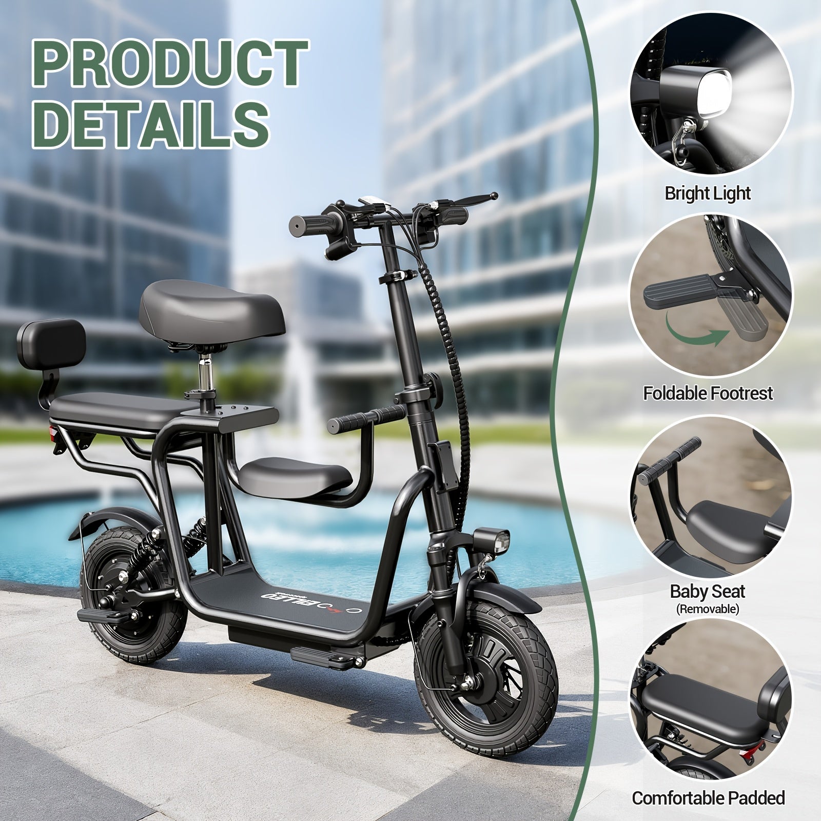 Adult electric scooter with 3 seats, powered by a 500W motor, electric bicycle with 12-inch air tires, 20 miles range, top speed 18.75 mph, electric bicycle, suitable for women/professionals