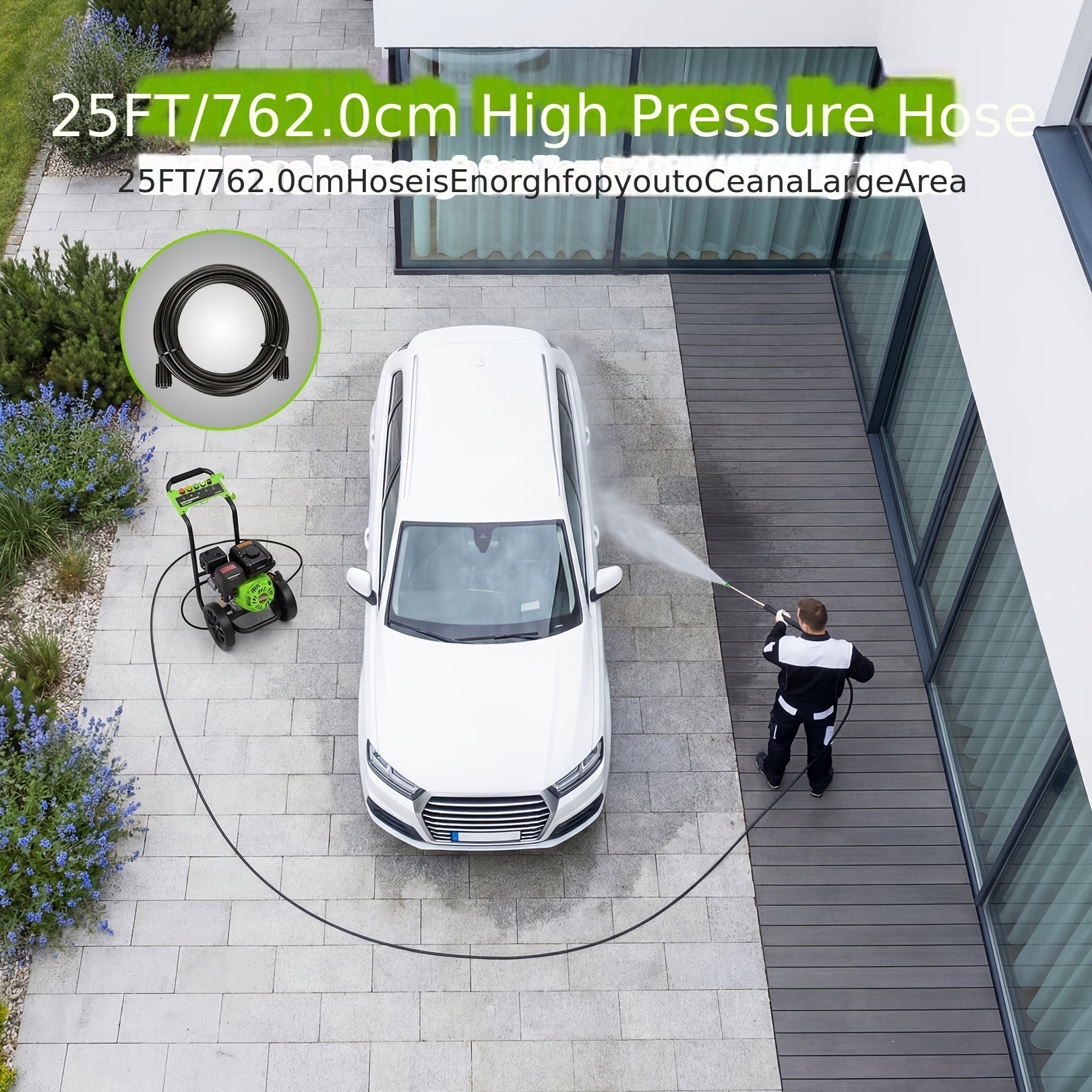 Maximum pressure 4400PSI, flow rate 3 gallons/minute, displacement 209 ml Commercial gas pressure washer with 10-inch tires, 7.0 horsepower professional gas washer with 5 nozzles, 25 feet of high pressure hose, and 50.72 oz foam bottle for automobiles