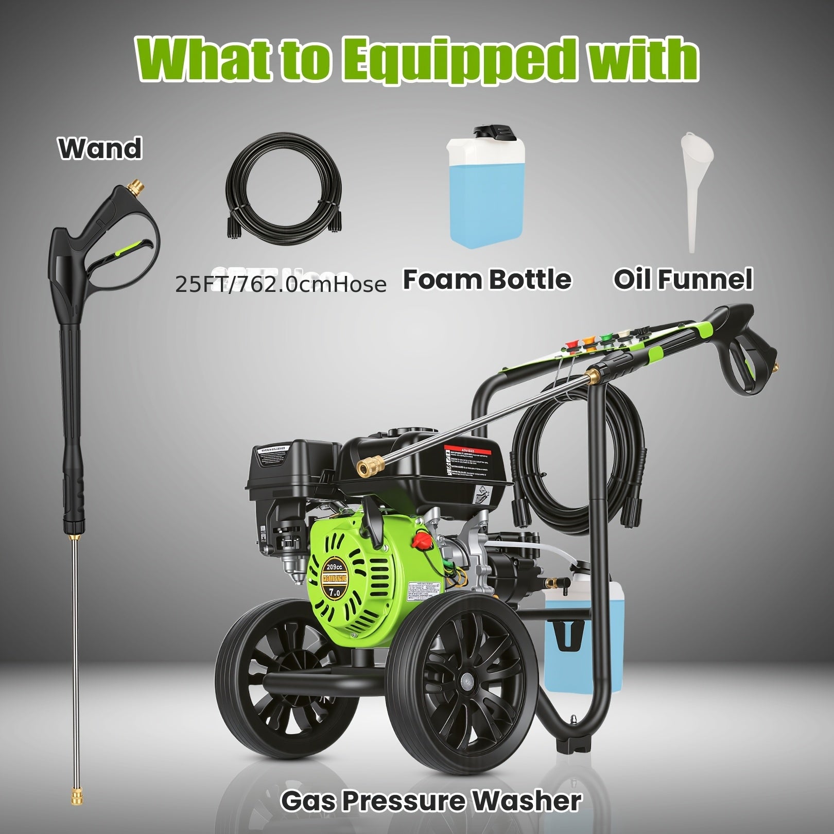 Maximum pressure 4400PSI, flow rate 3 gallons/minute, displacement 209 ml Commercial gas pressure washer with 10-inch tires, 7.0 horsepower professional gas washer with 5 nozzles, 25 feet of high pressure hose, and 50.72 oz foam bottle for automobiles