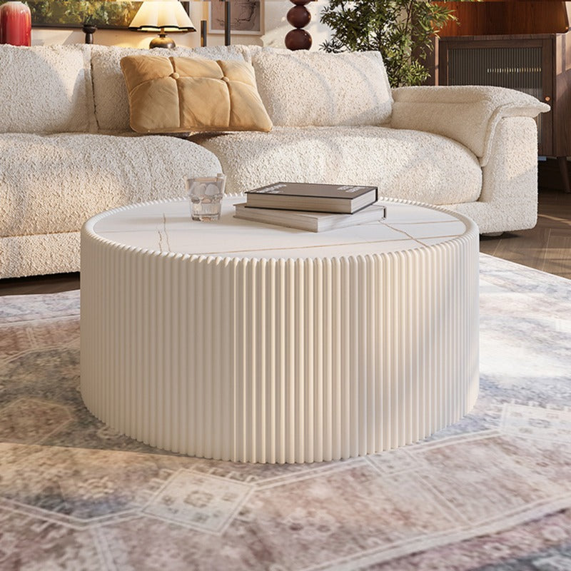 Light Sintered Stone Top Cylinder Shape Leather Coffee Modern Sofa Table for Living Room Furniture Each Tabletop Has a Unique Golden Pattern