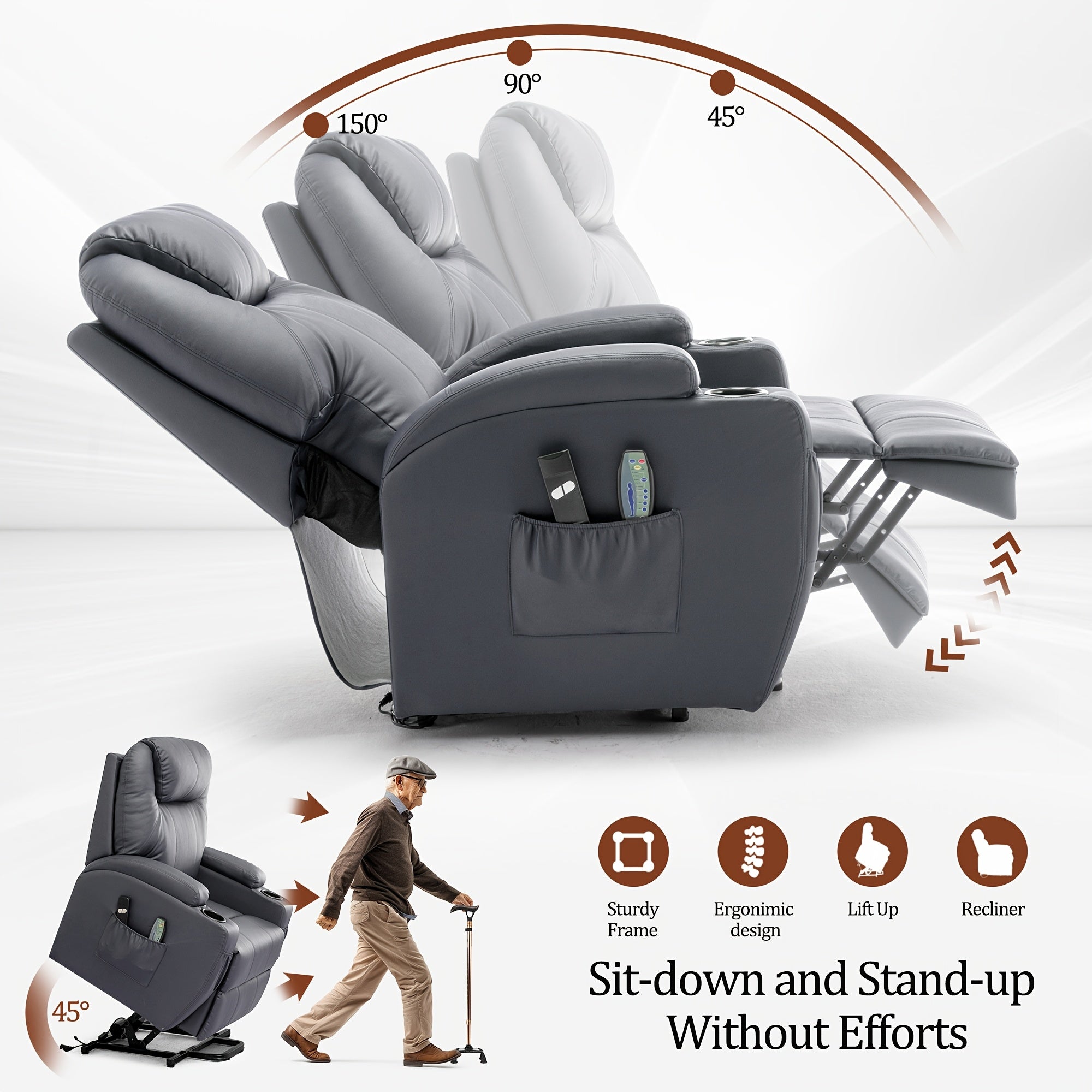 Faux leather electric lift lounge chair, suitable for the elderly and adults, electric massage heating lounge chair, with remote control and cup holder, holiday gifts, special choice for elders