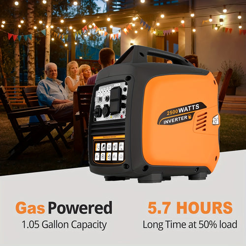 2500W portable generator with carbon monoxide protection, EPA compliant, four-stroke silent technology, suitable for blizzard and hurricane weather, camping, family RV backup power, dual 120V AC sockets, USB and Type-C ports, reliable power support