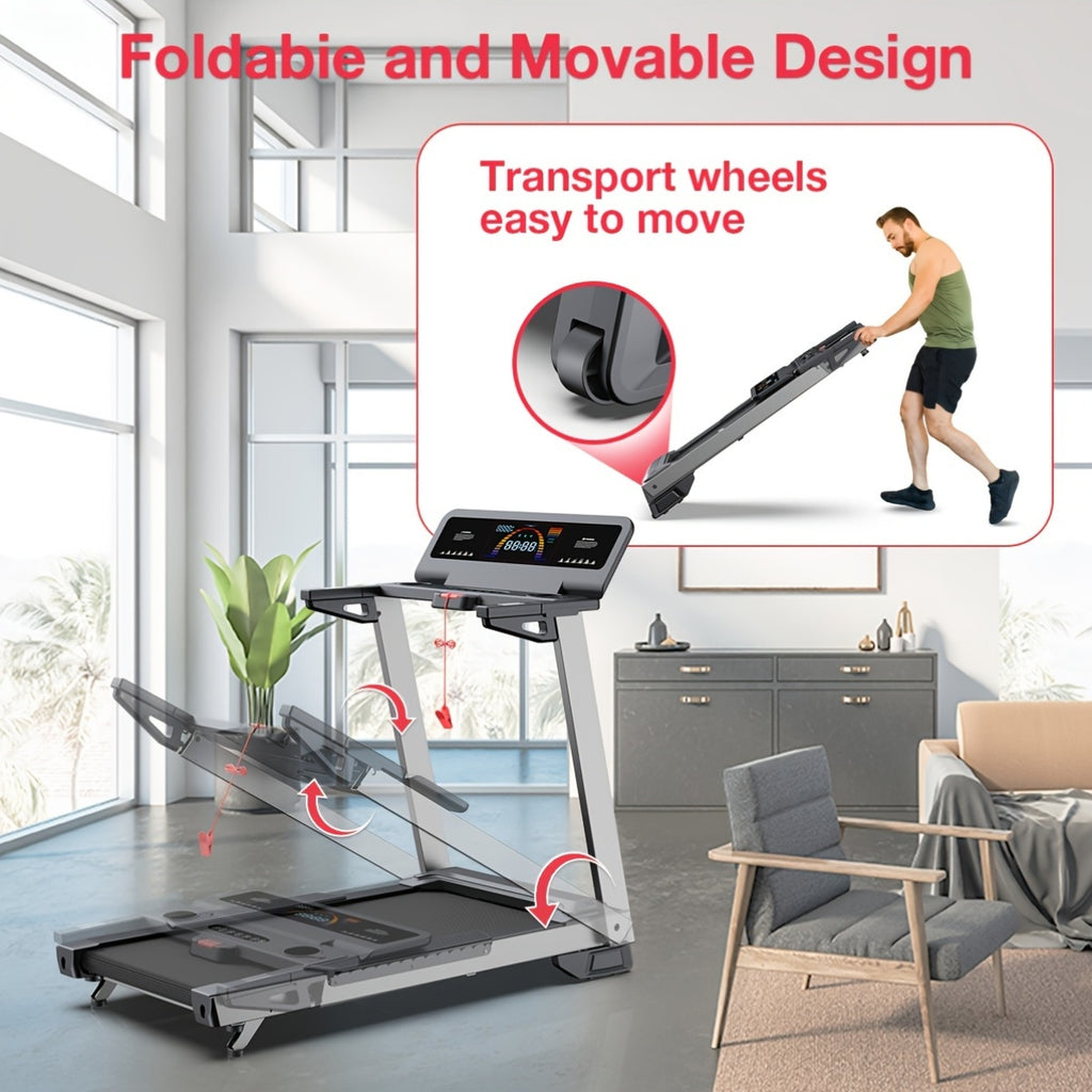 Foldable tilt treadmill 450 lb capacity, intelligent voice control, compatible with KINOMAP ZWIFT, heavy duty treadmill for gym and home use, 4.0HP ultra-quiet brushless motor, music player, heart rate monitor, battery-free