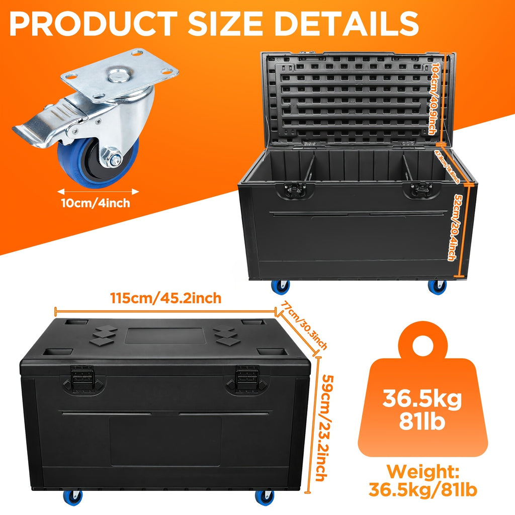 1 black wheeled cable box with dividers, size 44" x 22" x 24", stackable heavy duty ata rolling tool box, high density polyethylene (hdpe), tool box cable box for professional audio, dj equipment and instrument storage, with casters