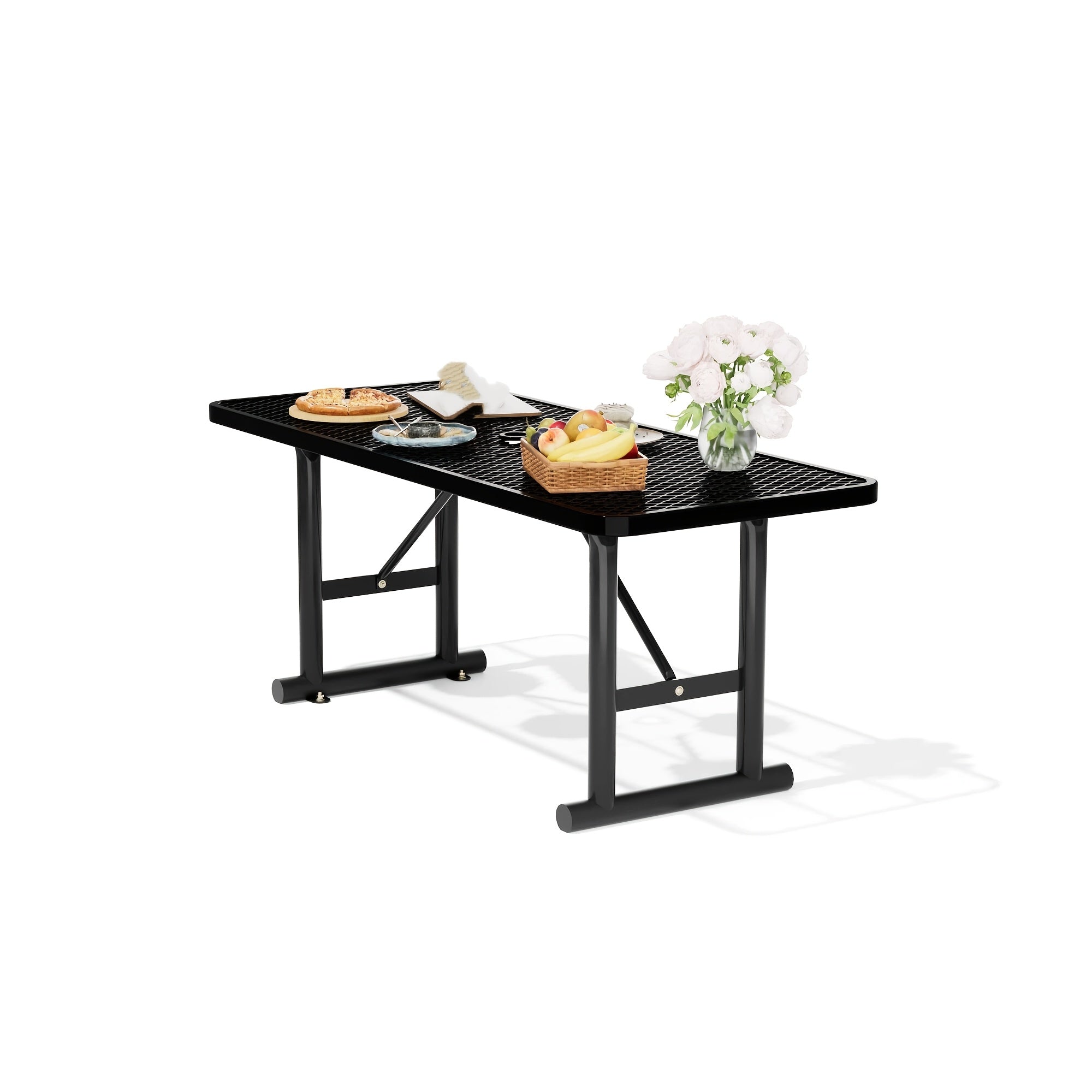 6 foot outdoor metal picnic table with 2 inch parasol hole, outdoor commercial rectangular picnic table for garden park patio patio, weatherproof patio furniture, steel frame, mesh table top, thermoplastic coating, surface mount, 23.6 in deep * 72 in