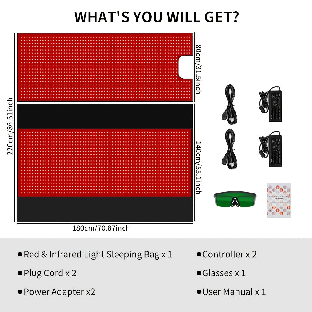 Full body red light relaxation sleeping bag, full body infrared relaxation pad 2520 LED lights, full body relaxation blanket, size 70.9 inches x 31.5 inches, household model, with pulse punch mode, adjustable timer (2 pieces)