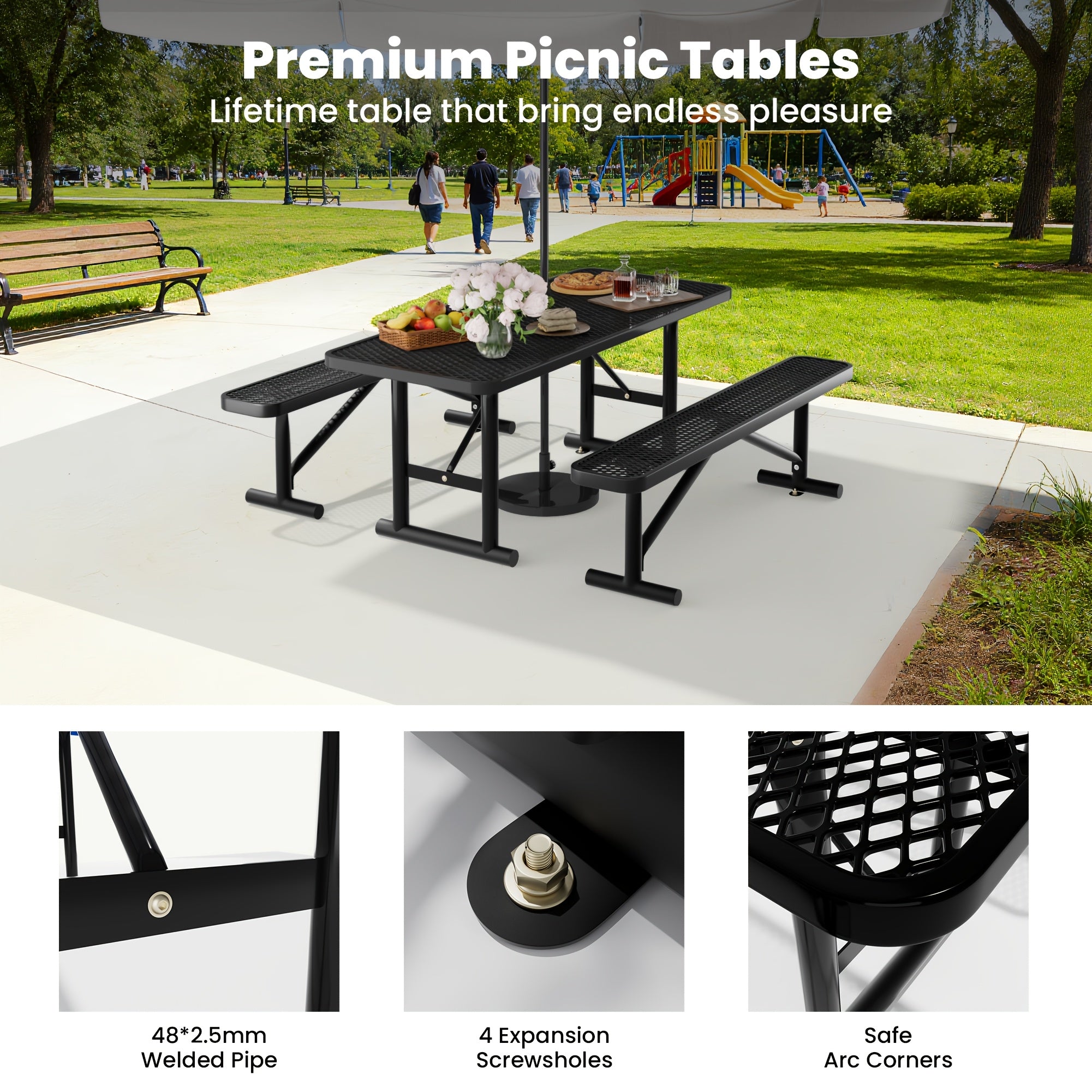 6 foot outdoor metal picnic table with 2 inch parasol hole, outdoor commercial rectangular picnic table for garden park patio patio, weatherproof patio furniture, steel frame, mesh table top, thermoplastic coating, surface mount, 23.6 in deep * 72 in