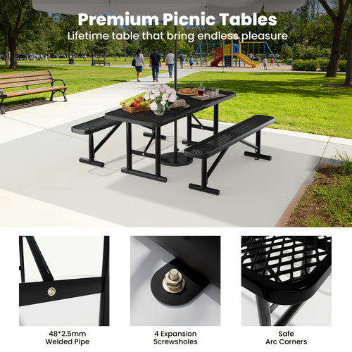 6 foot outdoor metal picnic table with 2 inch parasol hole, outdoor commercial rectangular picnic table for garden park patio patio, weatherproof patio furniture, steel frame, mesh table top, thermoplastic coating, surface mount, 23.6 in deep * 72 in