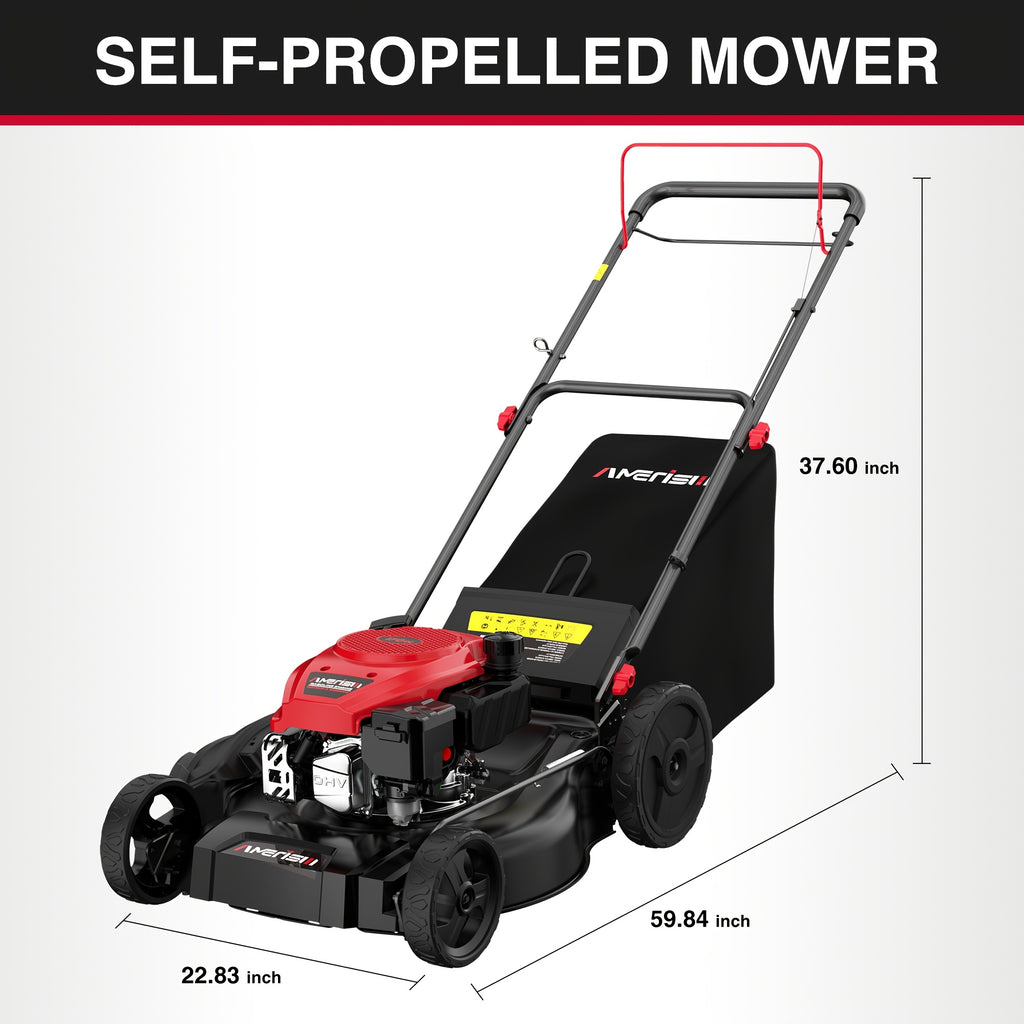 21-Inch self-propelled gasoline lawn mower with 165cc four-stroke engine, suitable for rear-wheel drive gasoline-powered lawn mowers in large yards and hillsides, three-in-one function of collecting grass/collecting grass bags/side rows, 6-speed height