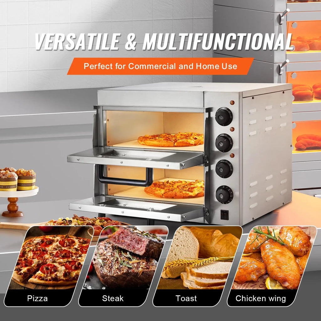 【DealsForYouDays】VEVOR Commercial Pizza Oven Countertop, 14" Double Deck Layer, Stainless Steel Electric Pizza Oven with Stone and Handle, Multipurpose Indoor Pizza Maker for Restaurant Home Pretzels Baked