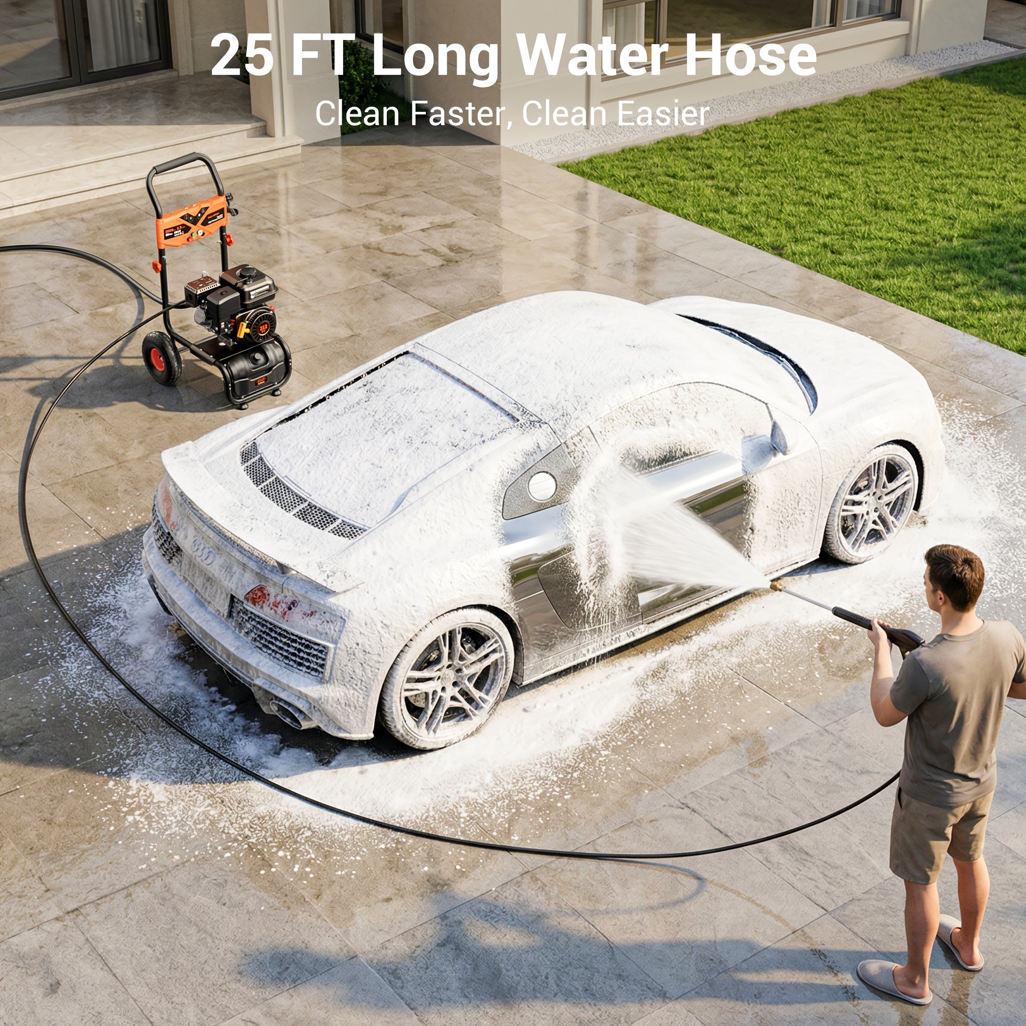 3500PSI High Pressure Washer - 2.3 gallons per minute (approx. 212 ml/min) gasoline engine type washer with 25-foot hose and 4 quick-connect multi-angle nozzles, yard car high pressure washer, perfect for cleaning outdoor surfaces, roads and walls